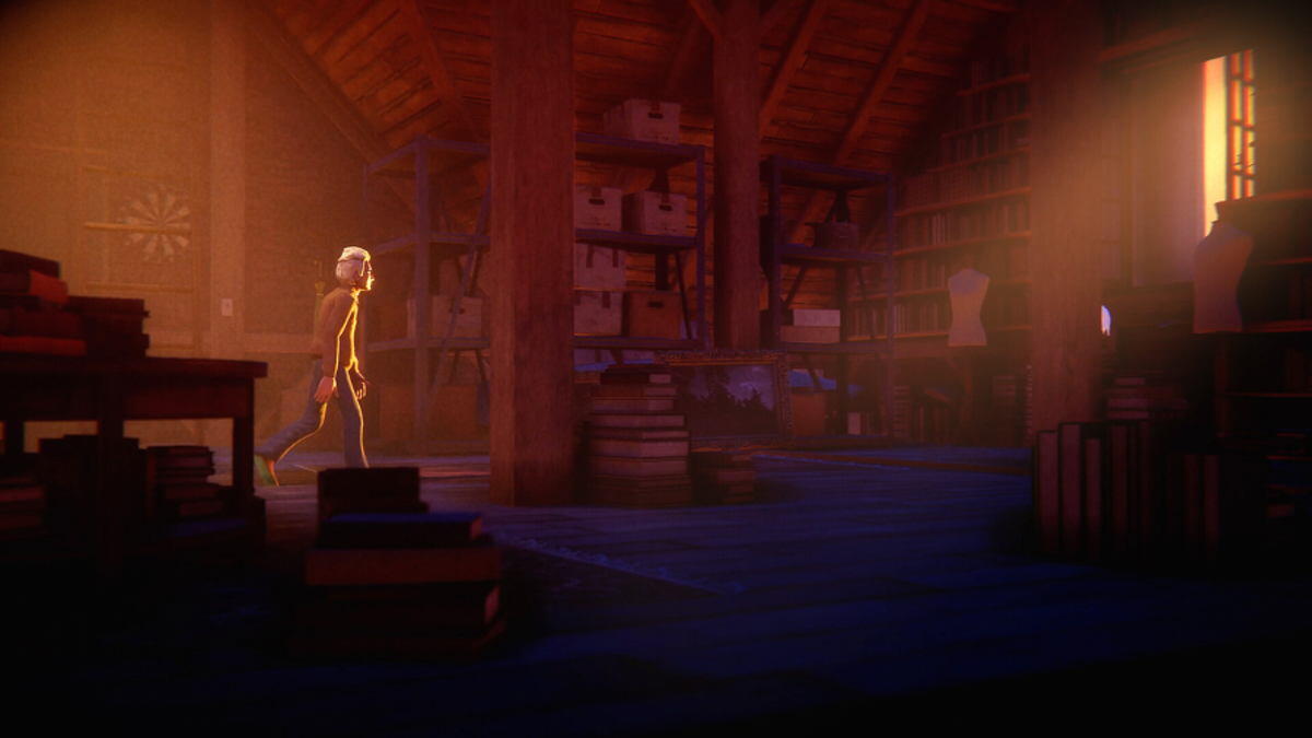 Screenshot in-game di The Journey Home che ritrae il protagonista all'interno di una soffitta polverosa illuminata da raggi di sole.