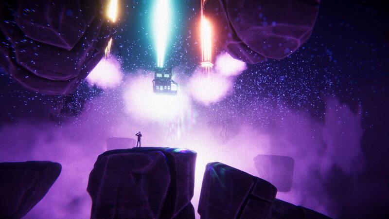 Screenshot in-game di The Journey Home con una casa fluttuante tra le nuvole e paesaggi onirici.