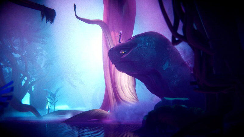 Screenshot in-game di The Journey Home con il giovane protagonista al cospetto di una tartaruga gigante in un ambiente surreale.