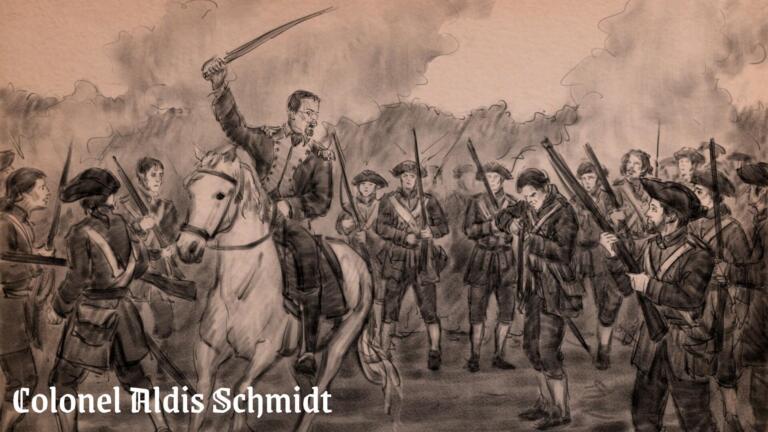 Disegno a matita di un colonnello a cavallo davanti a una colonna di soldati, con la didascalia Colonel Aldis Schmidt.