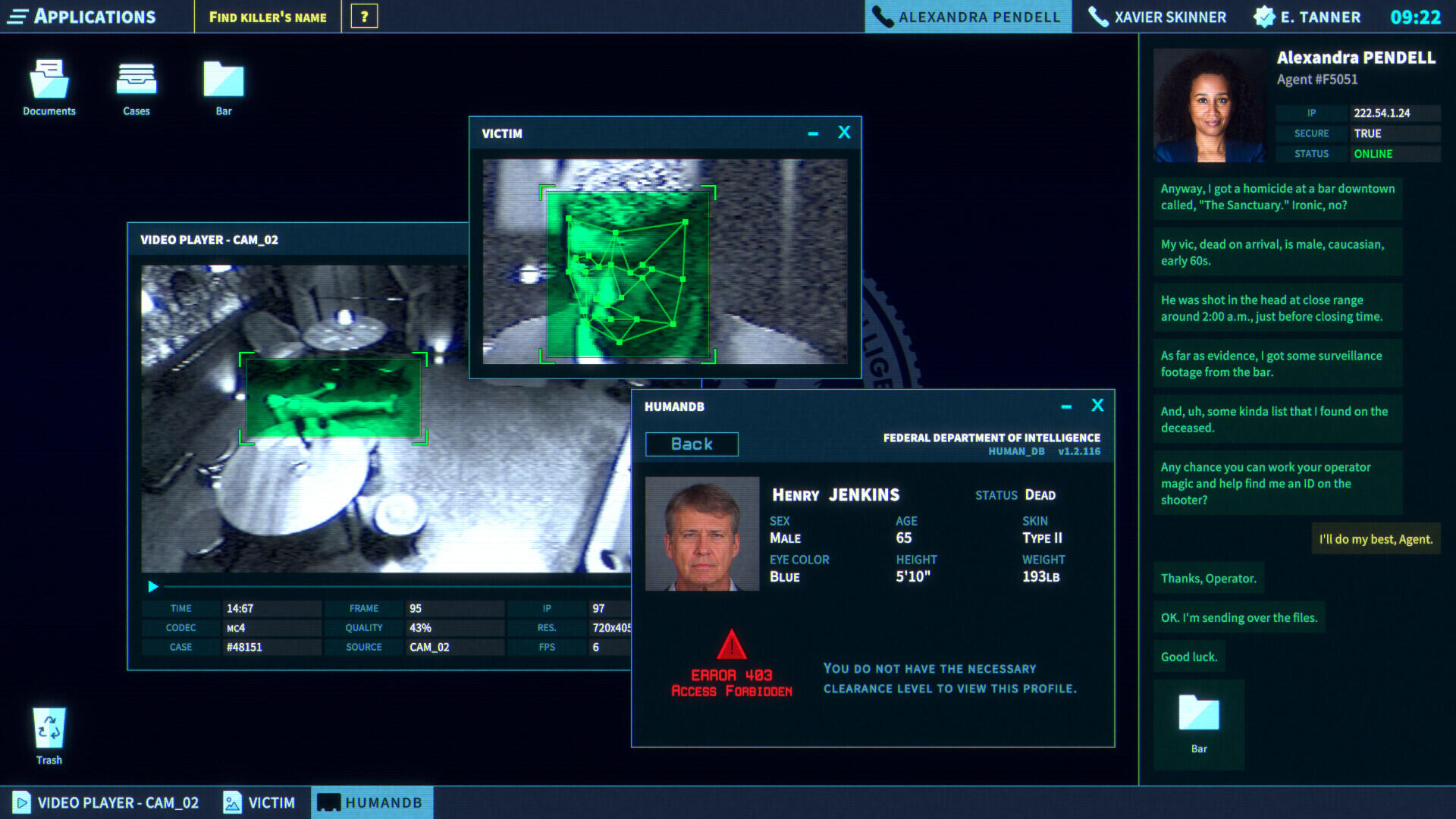 Screenshot in-game di The Operator che mostra l'interfaccia a terminale dell'agenzia FDI, con il database anagrafico dei cittadini, console di comando e note investigative.