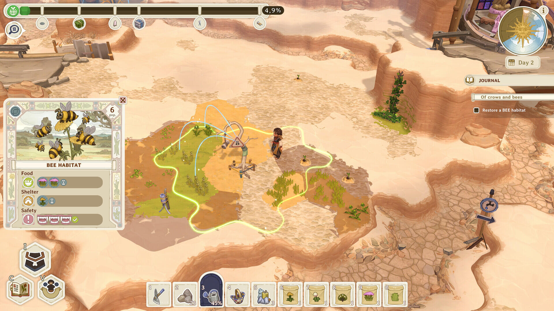 Screenshot di gameplay di The Regreening che illustra il ripristino dell'habitat naturale per le api attraverso la semina strategica e le sinergie tra piante.
