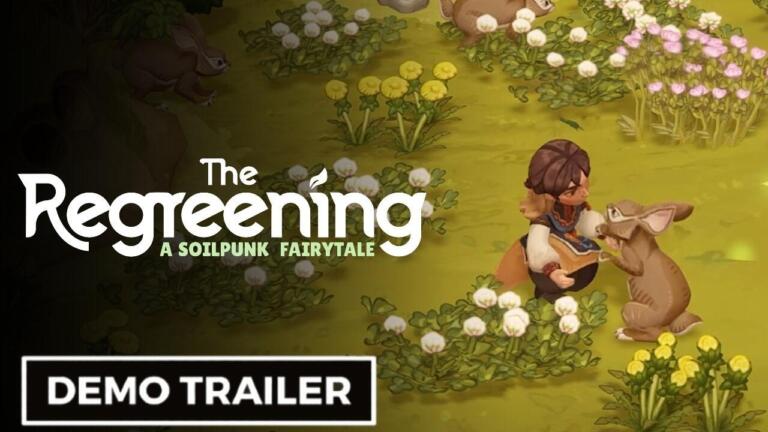 Key art ufficiale di The Regreening che ritrae la protagonista Viri accovacciata accanto a un coniglio in un prato fiorito con il logo del videogioco.