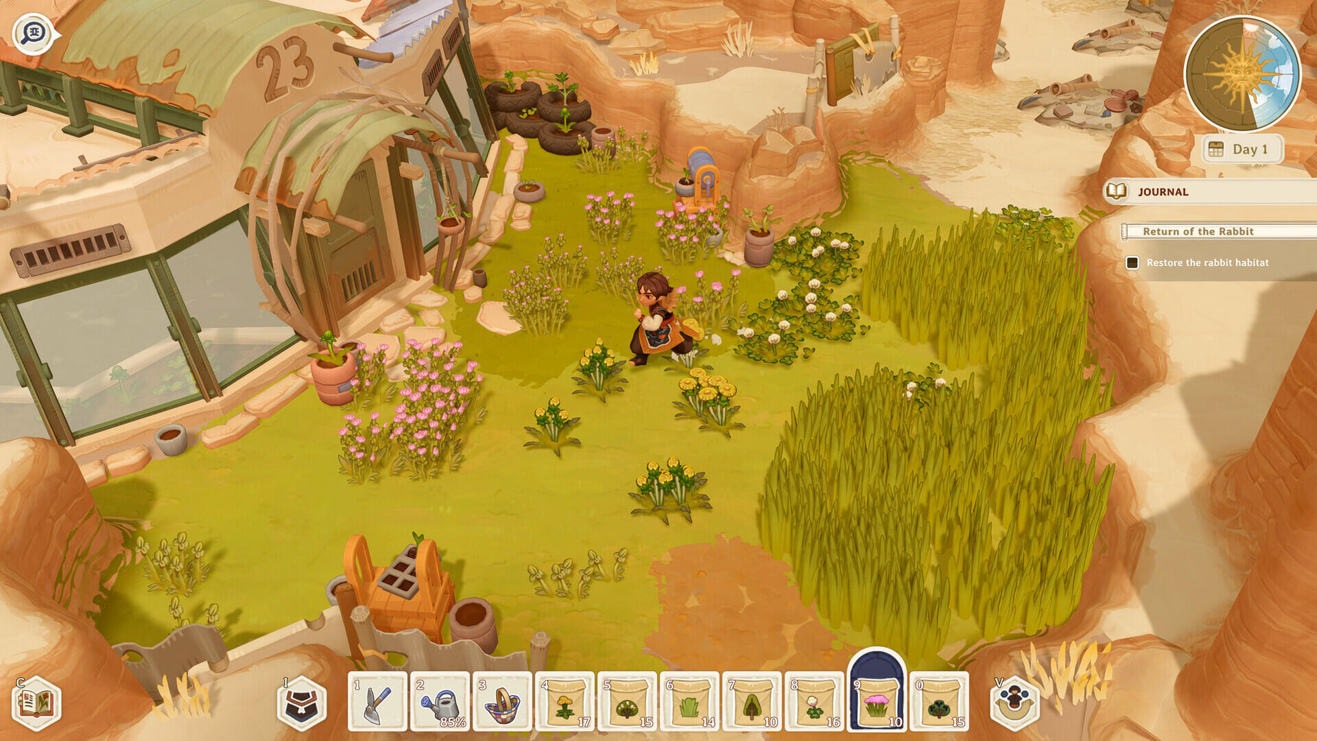 Screenshot in-game di The Regreening che mostra Viri all'interno di un lussureggiante giardino fiorito riportato in vita attorno alla serra.