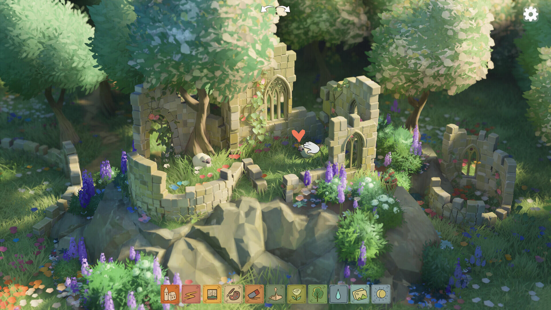 Screenshot in-game di Tiny Glade raffigurante un borgo procedurale immerso nella vegetazione