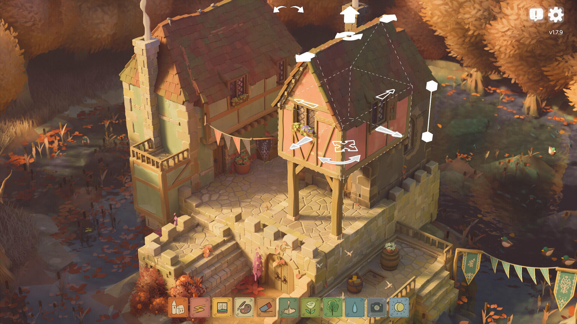 Screenshot in-game di Tiny Glade incentrato sulla costruzione di archi e mura in pietra