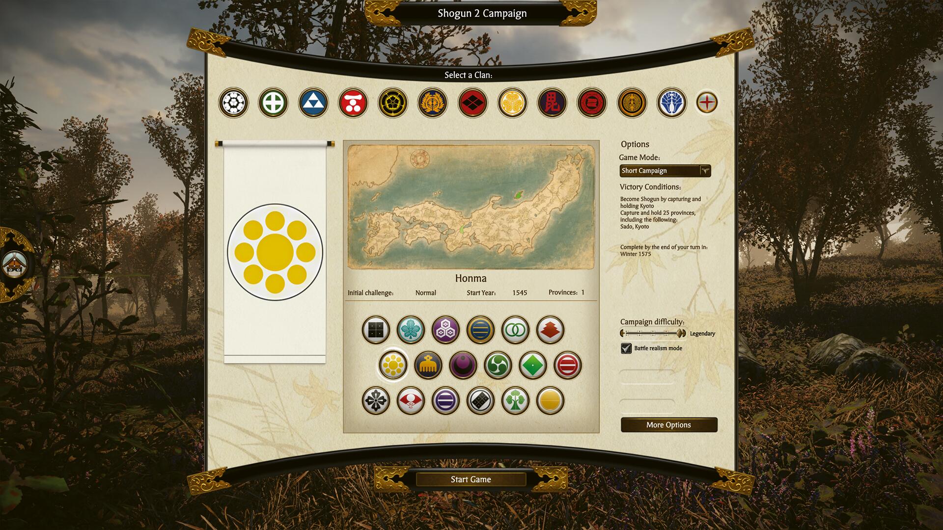 Screenshot in-game di Total War: SHOGUN 2 - Complete Edition della schermata di selezione delle fazioni con l'elenco dei clan minori giocabili.