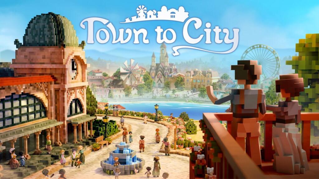 Key art di Town to City: una piazza in stile voxel con un edificio con l'orologio, abitanti a passeggio, una fontana e due personaggi su un balcone che guardano la citt&agrave; sul lago.