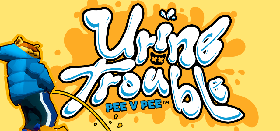 Il logo azzurro di Urine Trouble: PEE V PEE su sfondo giallo, con un personaggio animale in tuta che fa pipì.