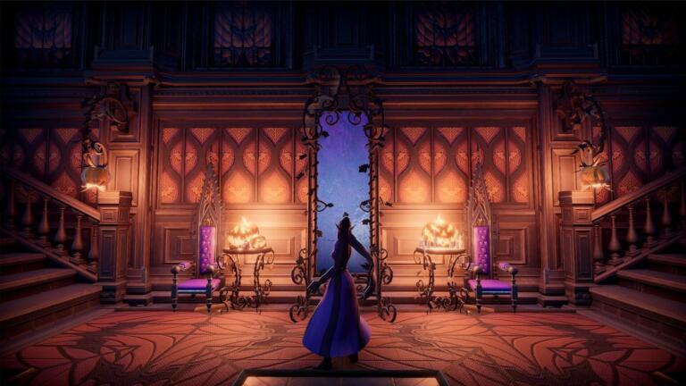 Salone del castello di V Rising con decorazioni di Halloween: zucche intagliate, candele, tappeti rossi e una figura di spalle davanti a uno specchio.