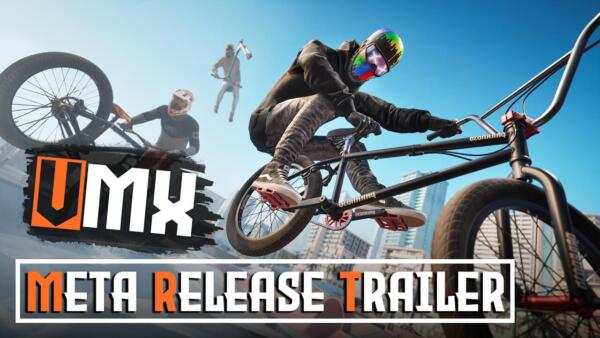 Key art ufficiale di VMX che ritrae un pilota in tenuta sportiva alla guida di una BMX all'interno di uno skatepark urbano.
