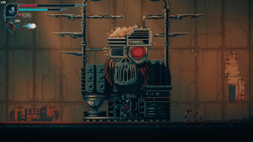 Il guerriero Voivod in pixel art affronta un boss meccanico con un teschio e un occhio rosso in una stanza metallica.