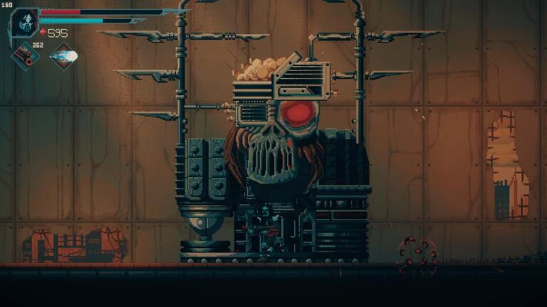 Il guerriero Voivod in pixel art affronta un boss meccanico con un teschio e un occhio rosso in una stanza metallica.