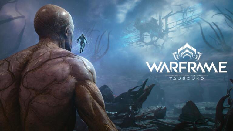 Figura umanoide vista di spalle davanti a una struttura sospesa tra le nuvole blu, con il logo di Warframe Epoch Operation Taubound.