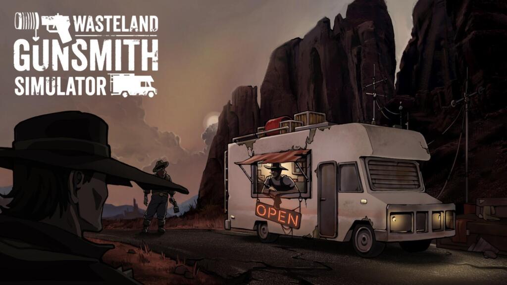 Un camper con l'insegna Open in un deserto roccioso al tramonto, con un uomo col cappello in primo piano e il logo del gioco.