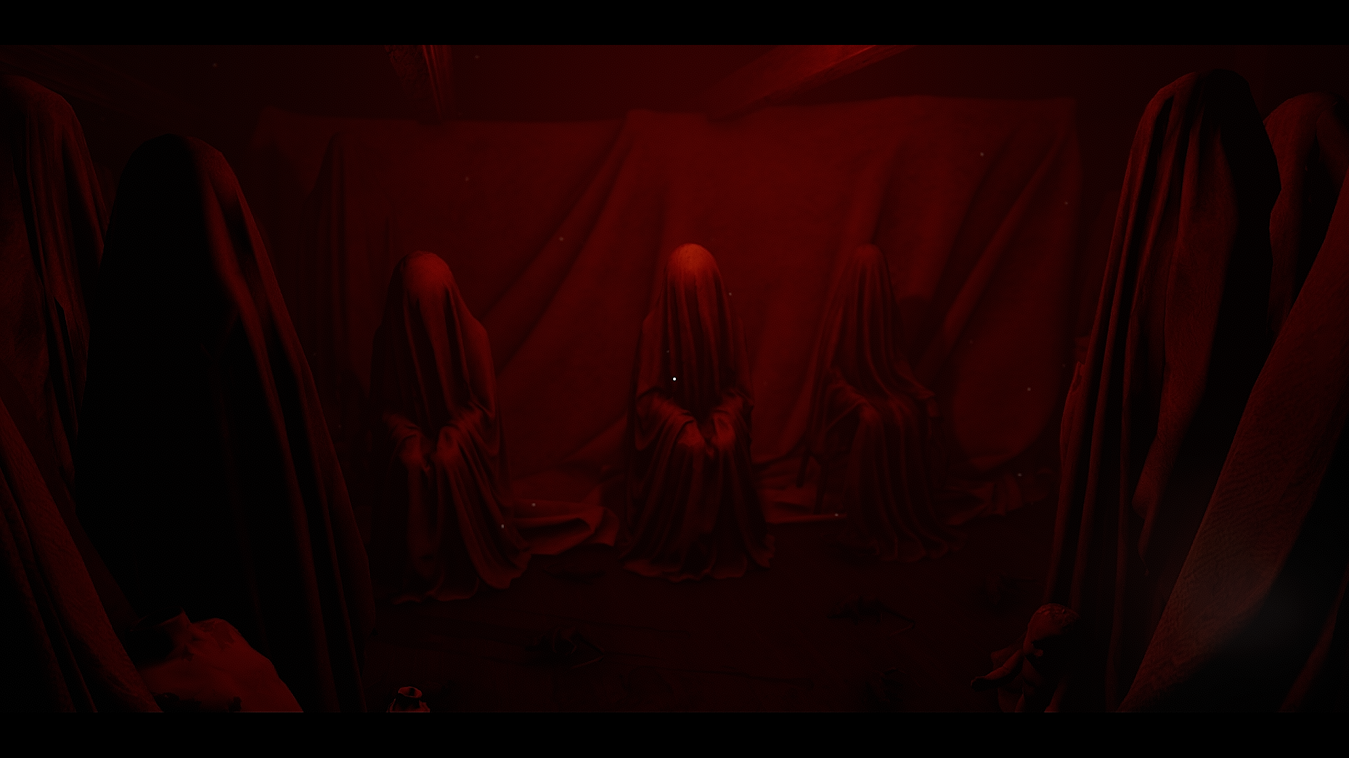 Screenshot in-game di Where Dolls Hang che ritrae bambole sospese tra la fitta vegetazione notturna.