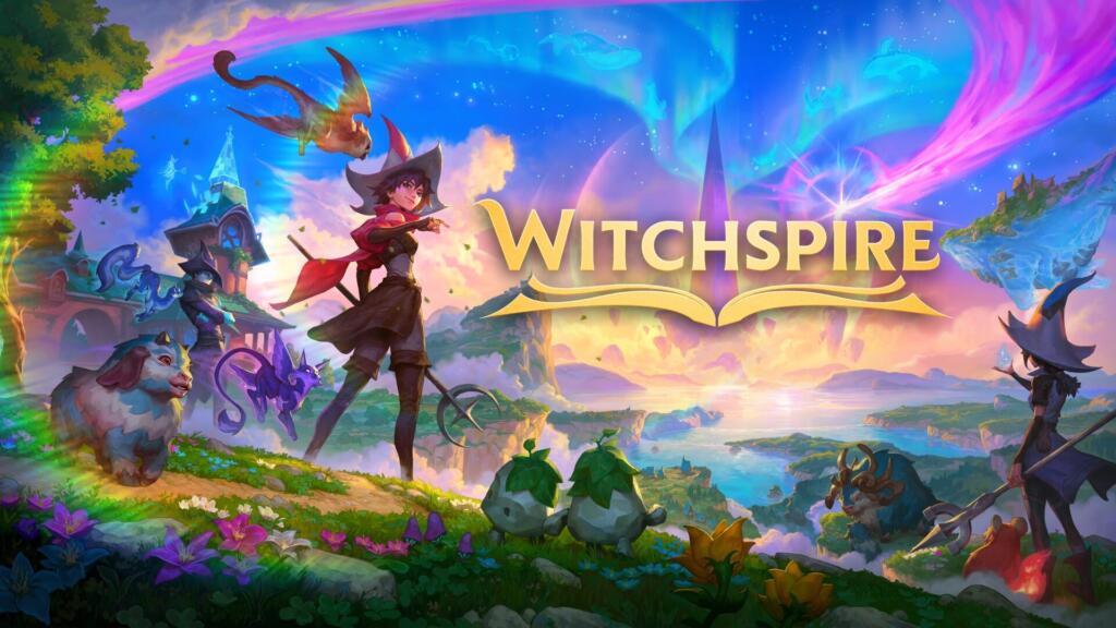 Illustrazione di Witchspire con il logo dorato: una strega con cappello e sciarpa rossa su una scogliera, circondata da creature, davanti a un cielo con aurora.