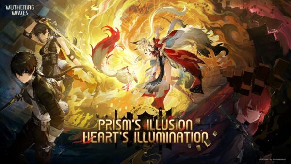 Illustrazione della versione 3.7 di Wuthering Waves con quattro personaggi, tra cui una donna con code di volpe, e il titolo Prism's Illusion, Heart's Illumination.