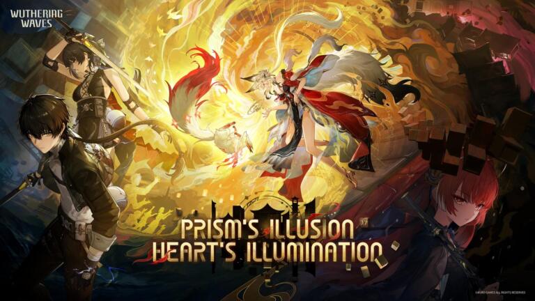 Illustrazione della versione 3.7 di Wuthering Waves con quattro personaggi, tra cui una donna con code di volpe, e il titolo Prism's Illusion, Heart's Illumination.