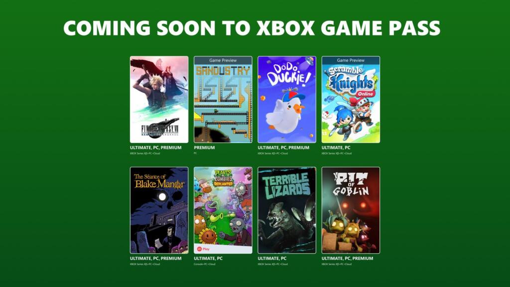 Grafica ufficiale di Xbox Game Pass con le copertine dei giochi in arrivo, tra cui Final Fantasy VII Remake Intergrade, Sandustry e Dodo Duckie.